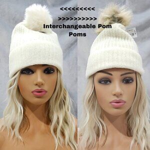Detachable or Interchangeable Two Pom Beanie Cuffed Winter Knit Hat in Off White